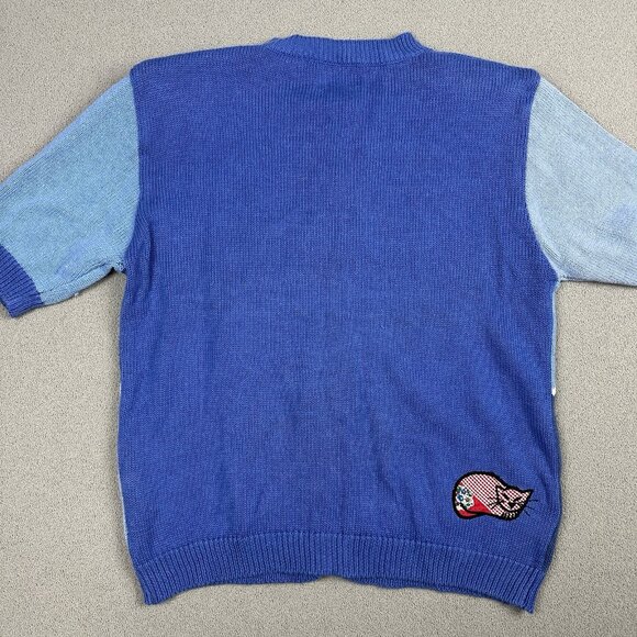Vtg Susan Bristol Cat Sweater Cardigan Short Sleeve Blue Patchwork 1992 Medium - Picture 9 of 10
